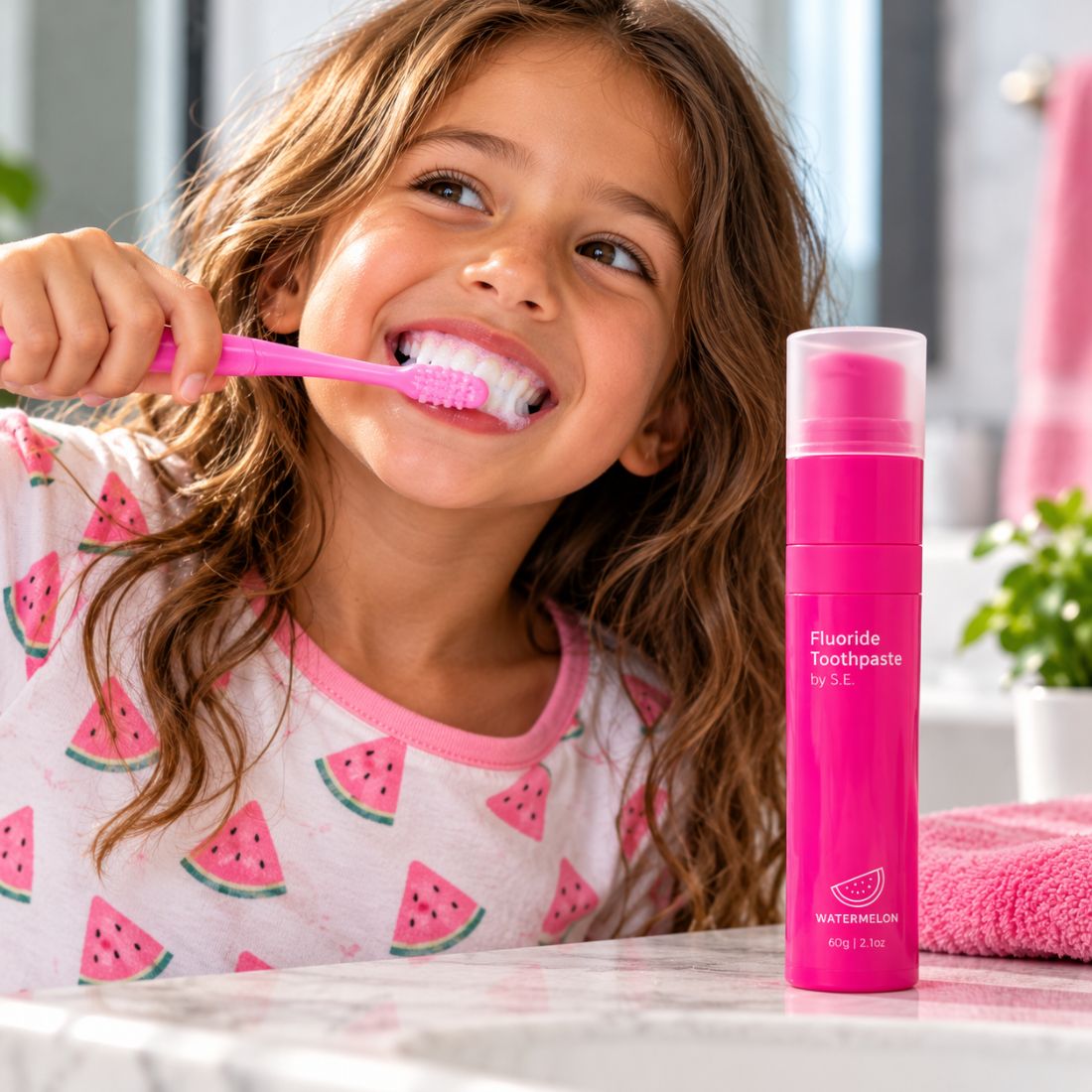 Girl brushing her teeth beside a pink toothpaste dispenser