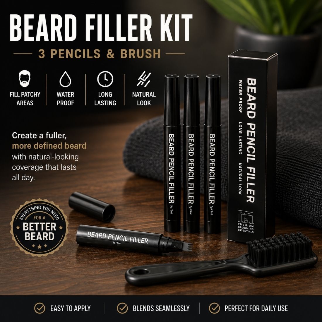 Beard Filler Kit | 3 Beard Filler Pencils & Beard Filler Brush