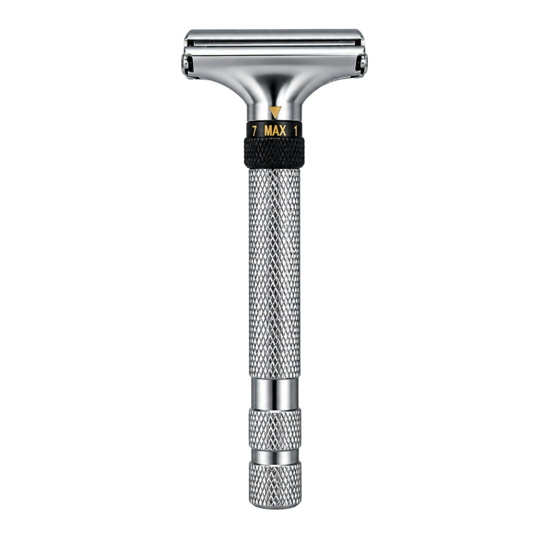 Silver adjustable butterfly razor with textured handle and black adjustment collar