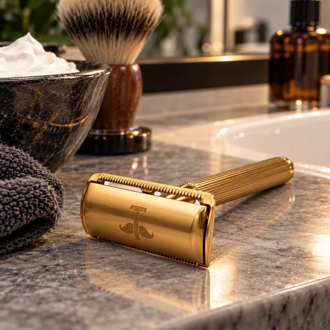 Gold safety razor resting on a bathroom counter beside a lather bowl and shave brush