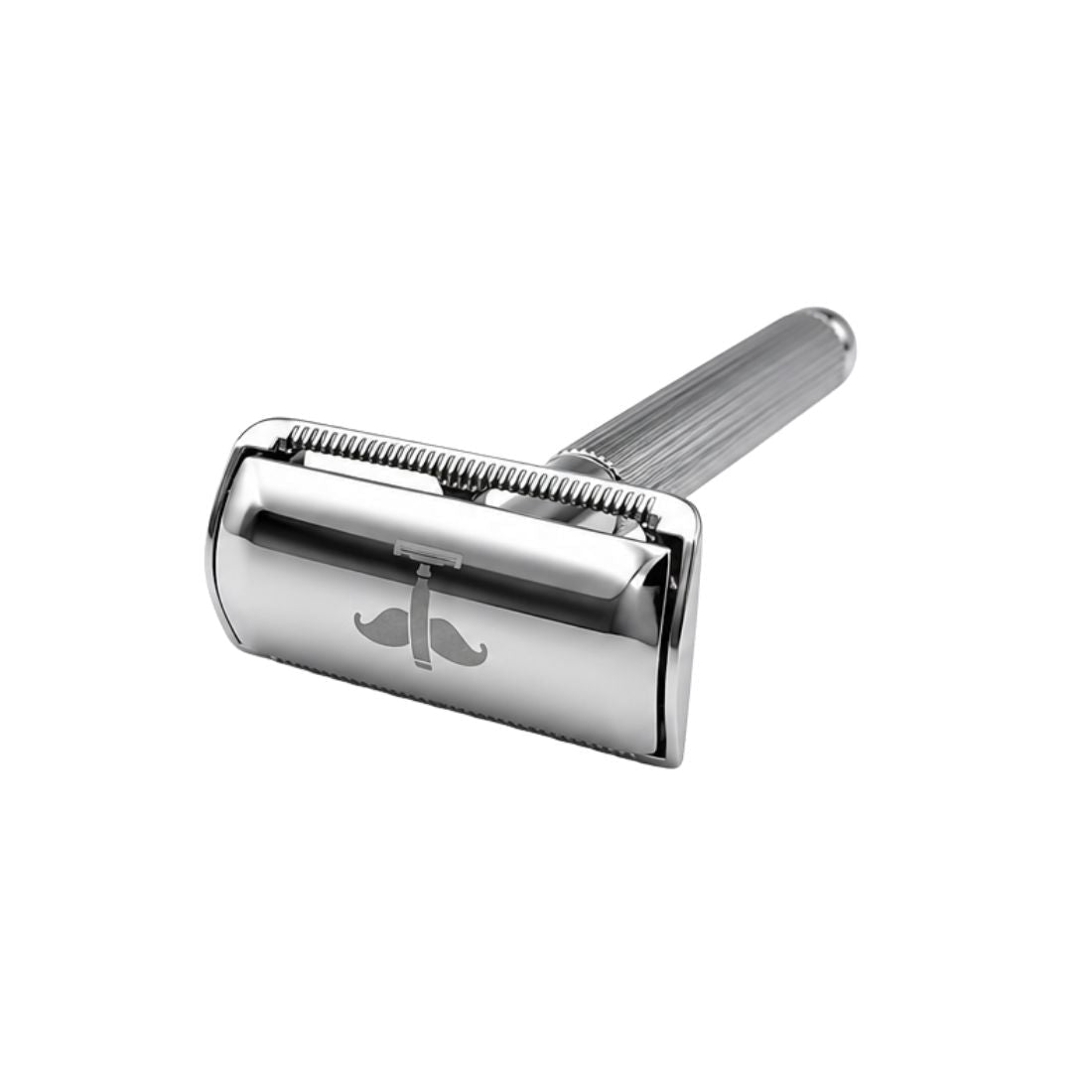 Silver Safety Razor V2 angled to show the head logo and grooved handle