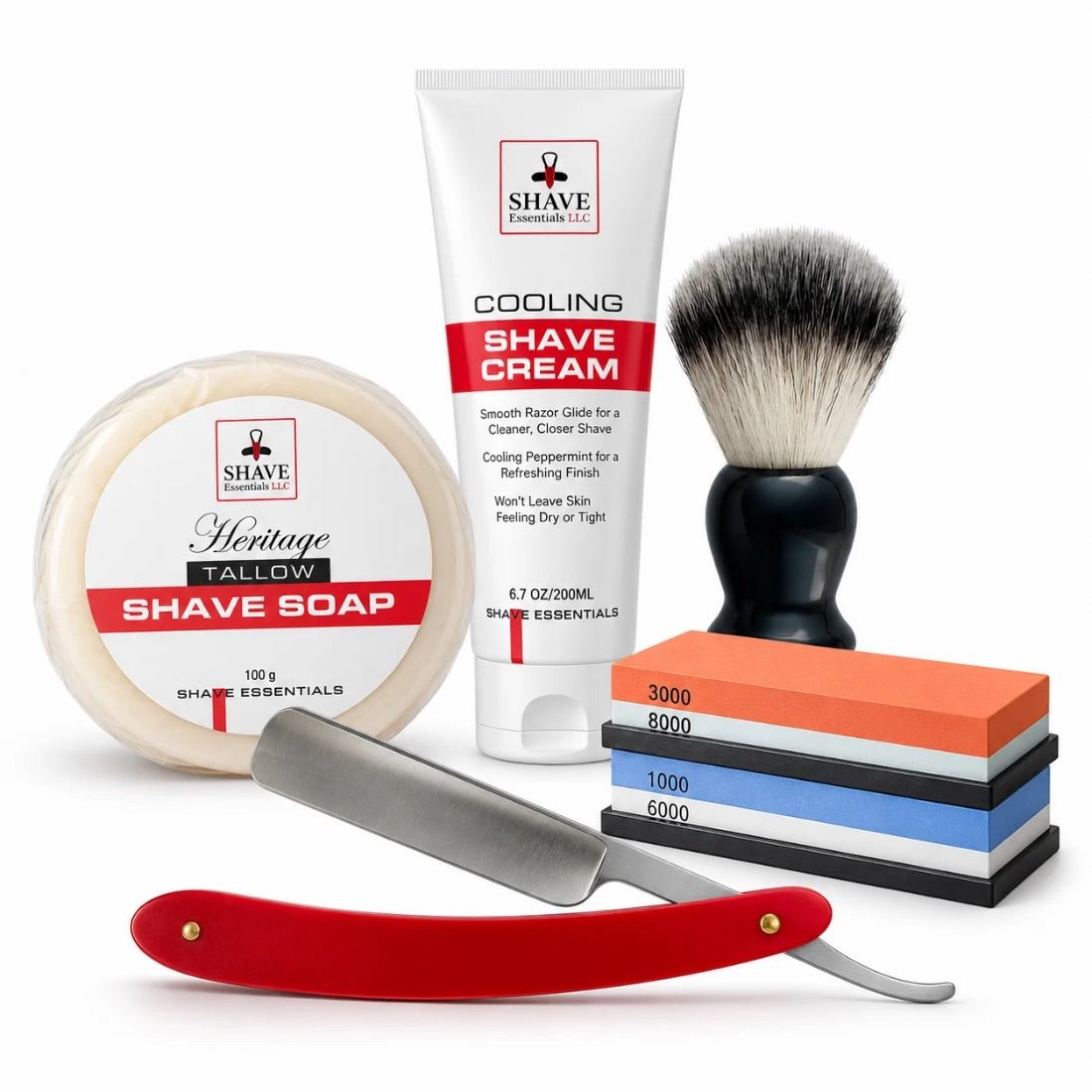 Straight Razor Kit selection with red-handled razor, shave soap, cream, brush and sharpening stones