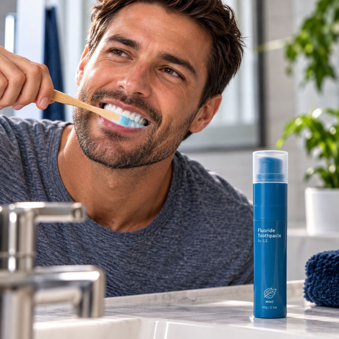 Man brushing his teeth with a bamboo toothbrush beside blue toothpaste