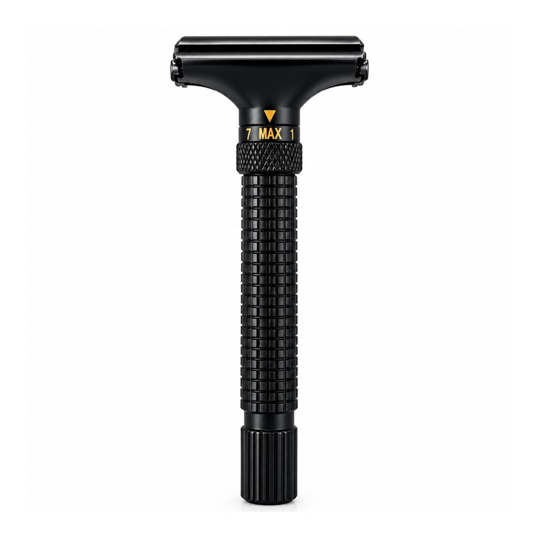 Black adjustable butterfly razor shown upright with head closed