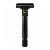Black adjustable butterfly razor shown upright with head closed