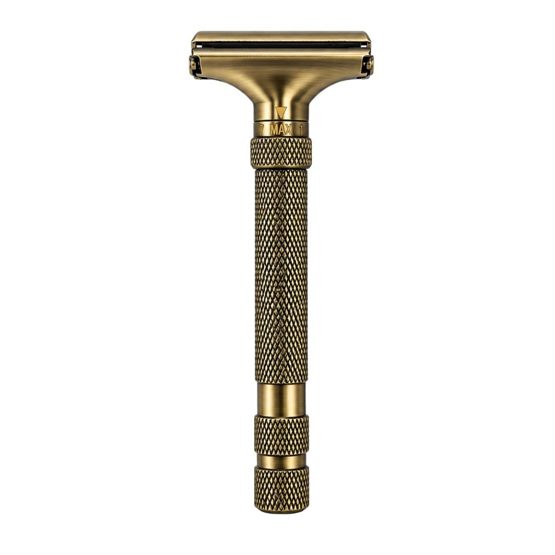 Gold-colored adjustable butterfly razor shown upright with head closed
