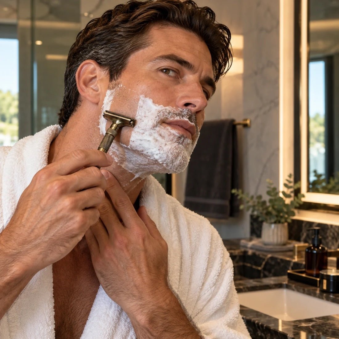 Man shaving his lathered cheek with a gold-colored adjustable butterfly razor
