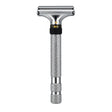 Silver adjustable butterfly razor with textured handle and black adjustment collar