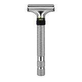 Silver adjustable butterfly razor with textured handle and black adjustment collar