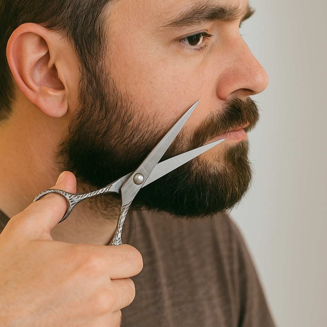 Man trimming beard with Artisan Shears - Shave Essentials