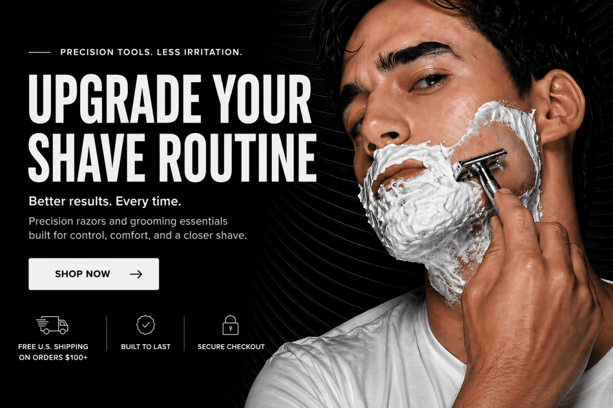 Shave Essentials Banner showing man shaving on black background.
