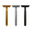 Gold, silver and black Double-Sided Safety Razor V2 models displayed upright