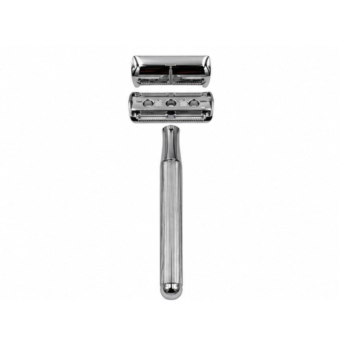 Silver Safety Razor V2 with butterfly head opened for blade loading