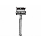 Silver Safety Razor V2 with butterfly head opened for blade loading