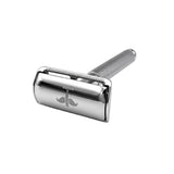 Silver Safety Razor V2 angled to show the head logo and grooved handle