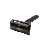 Black Safety Razor V2 angled to show the head logo and grooved handle