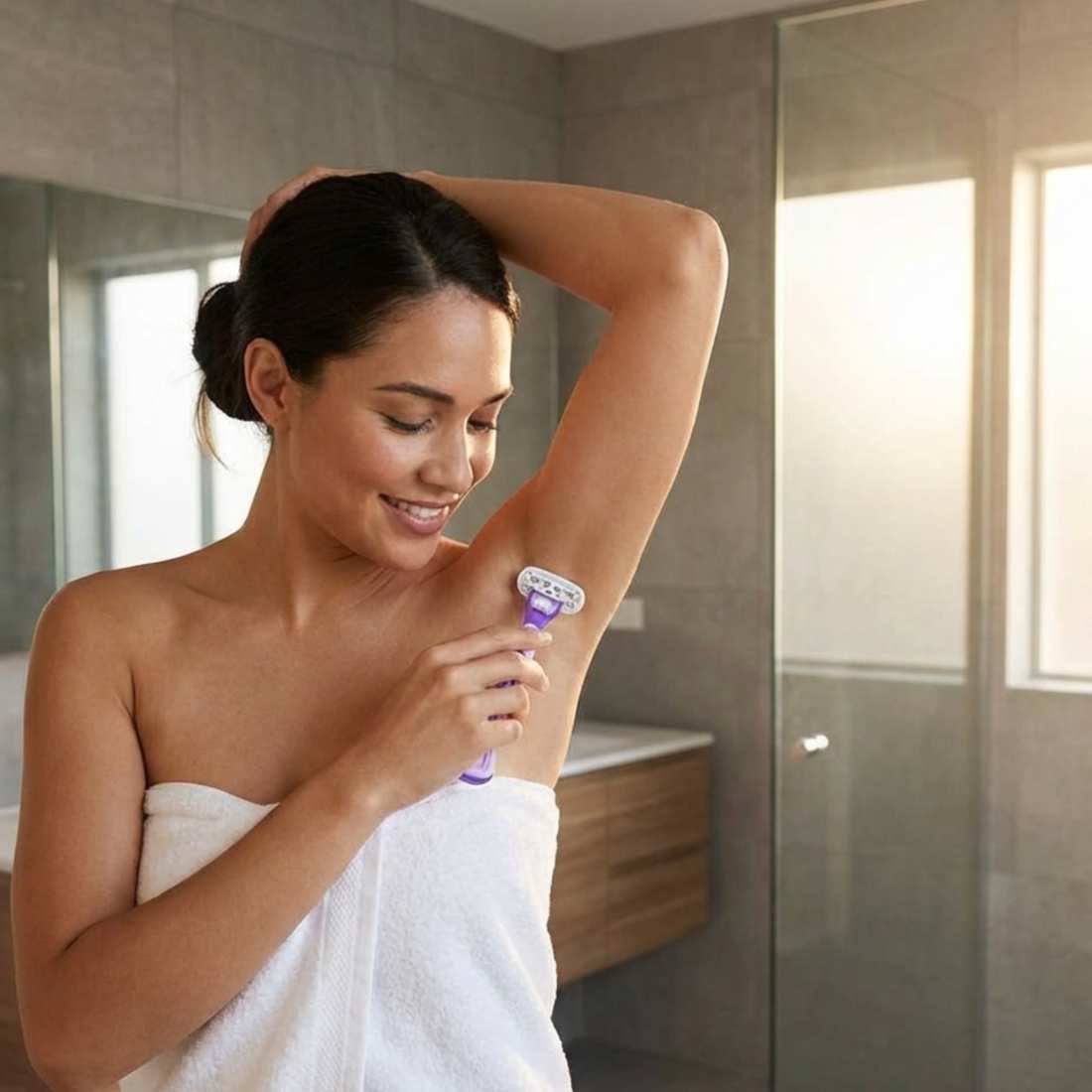 Woman shaving her arm with a razor in a bathroom setting - Shave Essentials