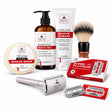 Safety Razor Kit selection with silver razor, blades, shave gel, cream, soap and wood-handled brush
